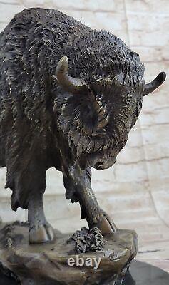 Buffalo Bison Western Native American Art 100% Bronze on Marble Sculpture Figure