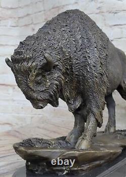 Buffalo Bison Western Native American Art 100% Bronze on Marble Sculpture Figure