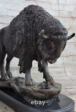 Buffalo Bison Western Native American Art 100% Bronze on Marble Sculpture Figure