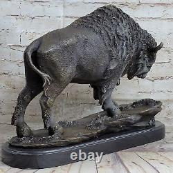 Buffalo Bison Western Native American Art 100% Bronze on Marble Sculpture Figure