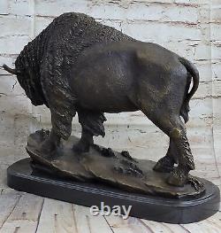 Buffalo Bison Western Native American Art 100% Bronze on Marble Sculpture Figure