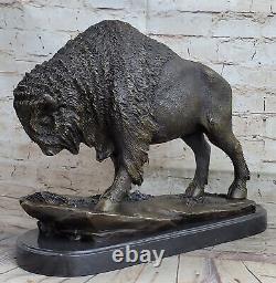 Buffalo Bison Western Native American Art 100% Bronze on Marble Sculpture Figure