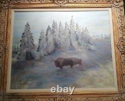 Buffalo Bison Winter Wildlife Large Beautiful Framed Oil Painting Signed Canvas