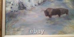 Buffalo Bison Winter Wildlife Large Beautiful Framed Oil Painting Signed Canvas