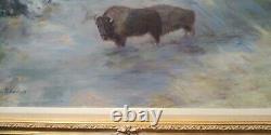 Buffalo Bison Winter Wildlife Large Beautiful Framed Oil Painting Signed Canvas