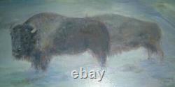 Buffalo Bison Winter Wildlife Large Beautiful Framed Oil Painting Signed Canvas