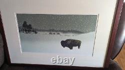 Buffalo Bison in Snow Original Watercolor Signed Framed Rustic Cabin Western