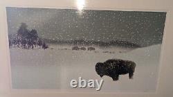Buffalo Bison in Snow Original Watercolor Signed Framed Rustic Cabin Western