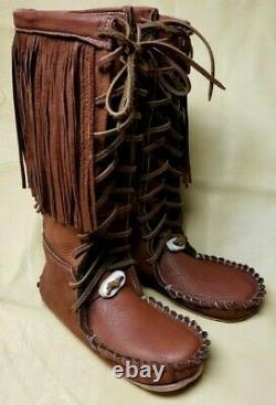Buffalo Men's 10 Brown Knee High Moccasins indian Leather Bison Hide Leather
