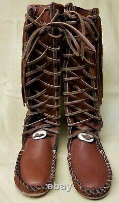 Buffalo Men's 11 Brown Knee High Moccasins indian Leather Bison Hide Leather