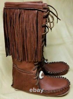 Buffalo Men's 11 Brown Knee High Moccasins indian Leather Bison Hide Leather