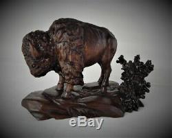 Bull Bison / Buffalo Original Black Walnut Wood Carving Sculpture By Joan Kosel
