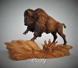 Bull Bison / Buffalo Original Cherry Wood Carving Sculpture By Joan Kosel