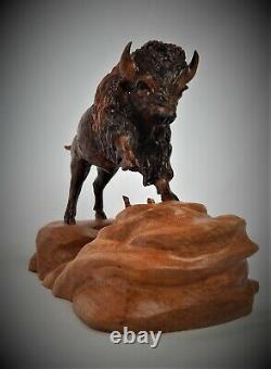 Bull Bison / Buffalo Original Cherry Wood Carving Sculpture By Joan Kosel