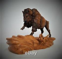 Bull Bison / Buffalo Original Cherry Wood Carving Sculpture By Joan Kosel