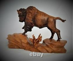 Bull Bison / Buffalo Original Cherry Wood Carving Sculpture By Joan Kosel