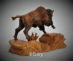 Bull Bison / Buffalo Original Cherry Wood Carving Sculpture By Joan Kosel