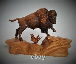 Bull Bison / Buffalo Original Cherry Wood Carving Sculpture By Joan Kosel