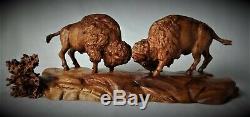 Bull Bison / Buffalo Original Mahogany Wood Carving Sculpture By Joan Kosel