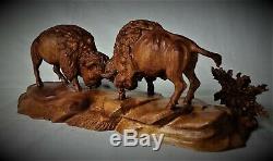 Bull Bison / Buffalo Original Mahogany Wood Carving Sculpture By Joan Kosel