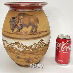 Carl Sheehan Fire Hole Pottery Montana Yellowstone Bison Spirit Stoneware Vase