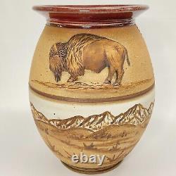 Carl Sheehan Fire Hole Pottery Montana Yellowstone Bison Spirit Stoneware Vase