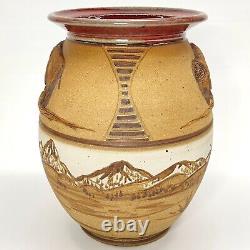 Carl Sheehan Fire Hole Pottery Montana Yellowstone Bison Spirit Stoneware Vase