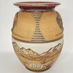 Carl Sheehan Fire Hole Pottery Montana Yellowstone Bison Spirit Stoneware Vase