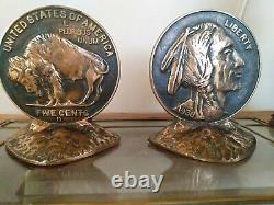 Cast Bronze Art James Earle Fraser on Bookends Bison & Native American 5 Cents