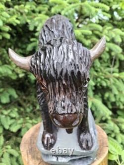Chainsaw Carved Buffalo Bison Wood Carving Animals Wildlife Art Sculpture Statue