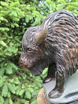 Chainsaw Carved Buffalo Bison Wood Carving Animals Wildlife Art Sculpture Statue