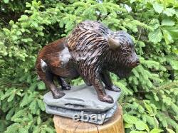 Chainsaw Carved Buffalo Bison Wood Carving Animals Wildlife Art Sculpture Statue