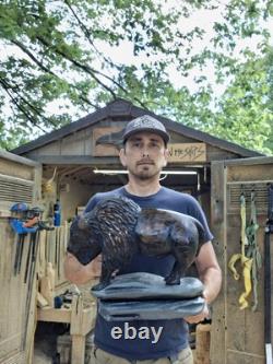 Chainsaw Carved Buffalo Bison Wood Carving Animals Wildlife Art Sculpture Statue