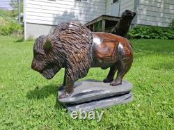 Chainsaw Carved Buffalo Bison Wood Carving Animals Wildlife Art Sculpture Statue