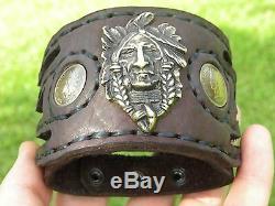 Chief Indian coin Men cuff bracelet Bison leather nice gift motorcycle biker