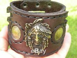 Chief Indian coin Men cuff bracelet Bison leather nice gift motorcycle biker