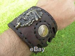 Chief Indian coin Men cuff bracelet Bison leather nice gift motorcycle biker