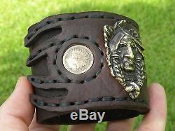 Chief Indian coin Men cuff bracelet Bison leather nice gift motorcycle biker