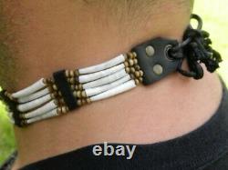 Choker necklace genuine good luck dentalium shells bones Bison leather costume