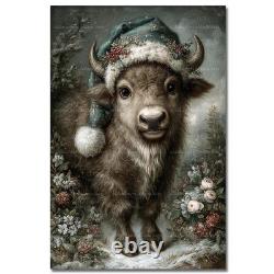 Christmas Bison Art Print, Snowy Rose Portrait Poster, Rustic Holiday Decor