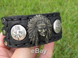 Cuff Bracelet Bison leather vintage silvers Kokopelli buttons Brass Indian head