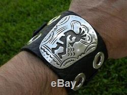 Cuff Bracelet wristband Kokopelli sterling silver Bison High Quality leather