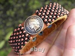 Cuff bracelet 1901 Indian Head penny coin Bison leather glass copper black beads