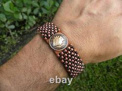 Cuff bracelet 1901 Indian Head penny coin Bison leather glass copper black beads