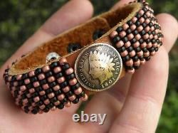 Cuff bracelet 1901 Indian Head penny coin Bison leather glass copper black beads