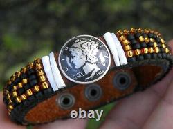 Cuff bracelet 1936 authentic Mercury dime coin genuine Bison leather glass bead