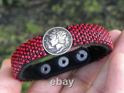 Cuff bracelet 1944 authentic Mercury dime coin Bison leather black red glass