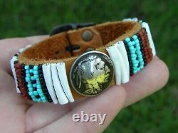 Cuff bracelet Buffalo Indian Nickel coin Bison leather dentalium good luck shell