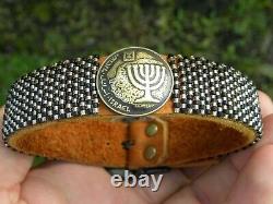 Cuff bracelet Menorah Israel coin Bison leather glass beads large adjustable