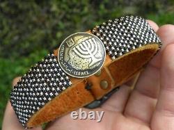 Cuff bracelet Menorah Israel coin Bison leather glass beads large adjustable